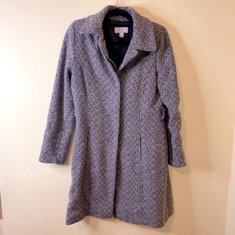 Women’s Longline Pea Coat Merona Brown Cream Chevron Pattern Wool Blend